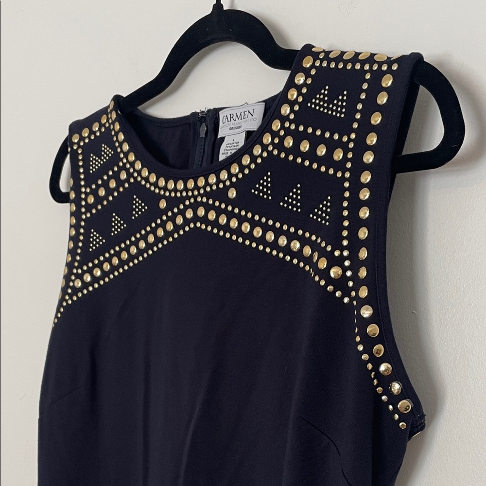 Carmen Carmen Marc Valvo Black Mini Dress Ponte Knit Gold Stud Detailing Large